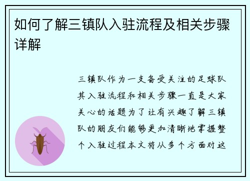 如何了解三镇队入驻流程及相关步骤详解